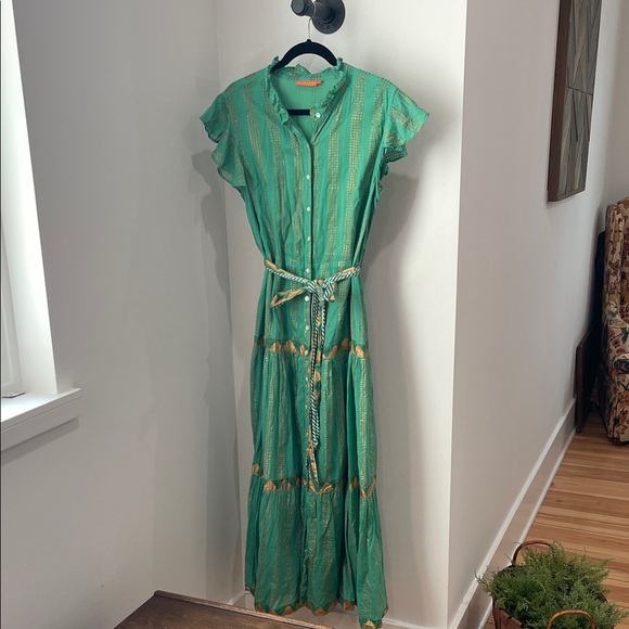 Oliphant Dresses & Skirts - Oliphant green and gold 100% cotton button down maxi dress with pockets & sash